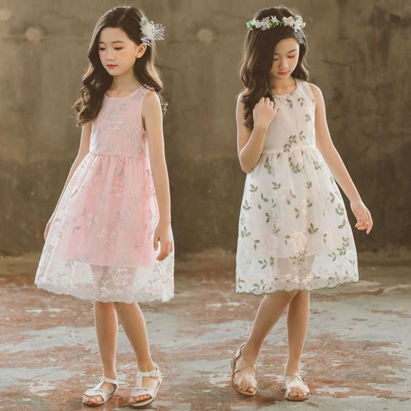 Kız elbiseler kız yaz kolsuz elbise okulu öğrencisi tatlı yabancı prenses elbise enfes nakış desen parti elbise çocuklar için kız