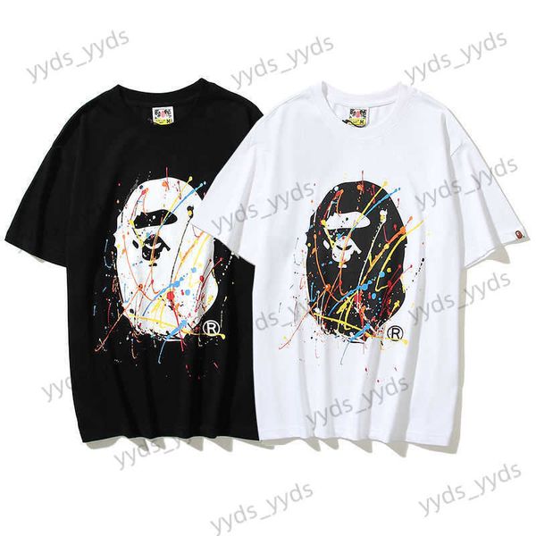 Camisetas masculinas Cabeça de macaco colorido tinta de tinta de mancha curta Camiseta mulher mulher verão algodão solto casal de t-shirt moda de manga média T230328