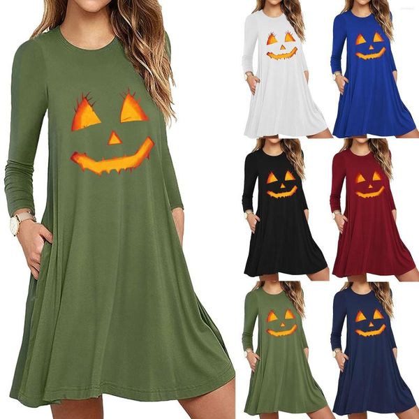 Abiti casual Abito longuette autunno e inverno Halloween Harajuku per donna Stampa faccia di zucca Manica lunga Slim