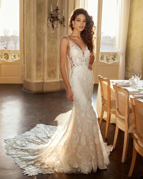 Lindos vestidos de noiva de sereia espaguete de design exclusivo de design zagueiro vestido de zíper vestido personalizado feito plus size vestidos de novia