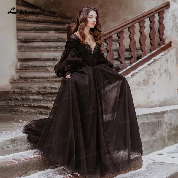 Abiti da festa Fantasy Black Wedding con maniche lunghe Winter Solstice Elopement Abito da sposa gotico per Halloween Witchy Vestido Novia 230328