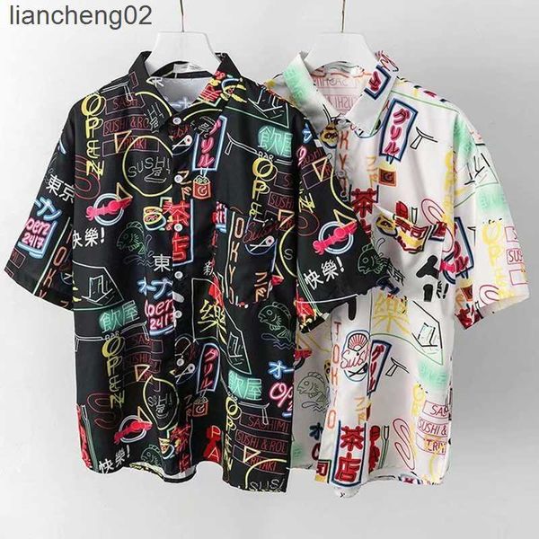 Camisas casuais masculinas harajuku ícone escuro do Hawaii Shirt Men Summer Men Shirt Sleeve Strevewear Roupas Hawaii Botão LAPEL MANEIRAS CURTAS W0328