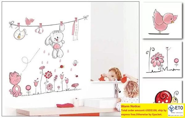 Rosa Cartoon Katze Kaninchen Blume Wandaufkleber für Baby Mädchen Kinderzimmer Home Decor Teddybär Regenschirm Klassenzimmer Wandtattoos
