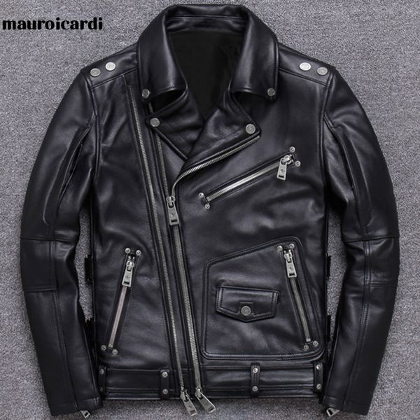 Men's Leather Faux Mauroicardi Spring Black PU Motorcycle Jacket for Men Style Style Long Slave Zipper Bolsetes Menses e casacos 230328