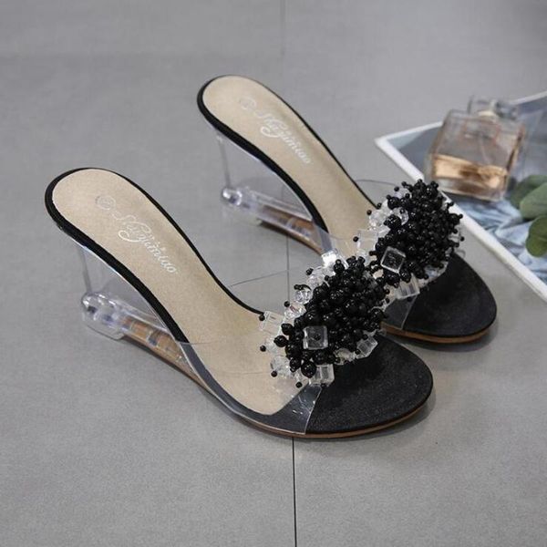 Slippers dwayne cunhas de verão sandálias mulheres sexy cristal transparente saltos altos salto de vidro cordão pvc moda sapatos