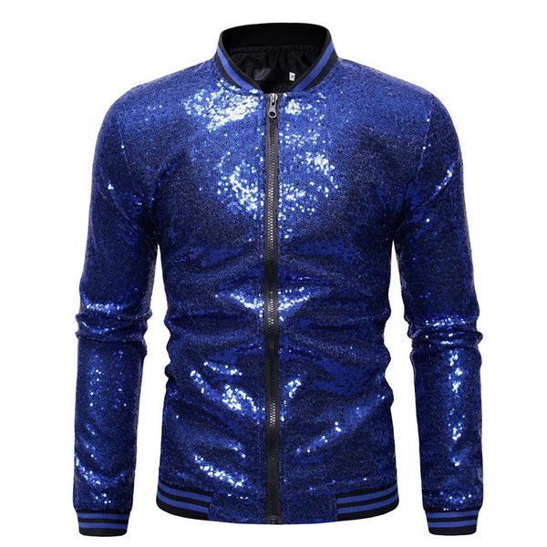 Jackets masculinos de camisa de boate de lantejoulas azuis reais de outono masculino de streetwear masculino jaquetas de lantejoulas e casacos Baseball Bomber Jacket Male 230328