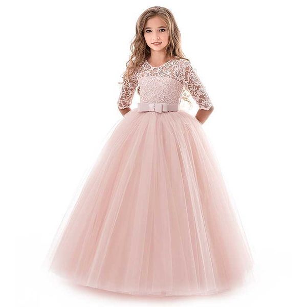 Mädchenkleider Blumenmädchen Hochzeit Bankett Spitze Langes Kleid für Kinder Elegantes Puffy Lace Bow Geburtstagsfeierkleid Festzug Ballkleid Formelles Kleid