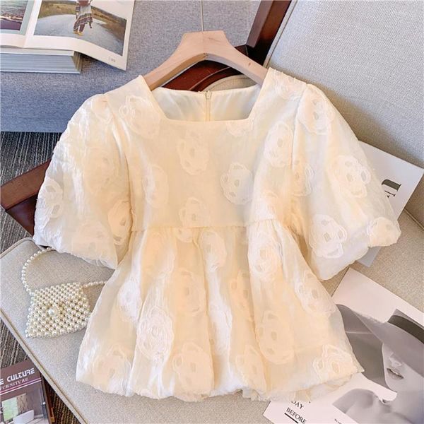 Damenblusen Sommer Frühling Blumenmuster Chiffon Kurze Hemden Frauen Puffärmel Quadratischer Kragen Beige Damen Crop Top