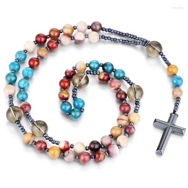 Catene Mookaite Apatite Pietra Fumoso Rosario di Cristallo Collana di Perline Cattolico Cristo Ematite Croce Ciondolo Donna Uomo Gioielli