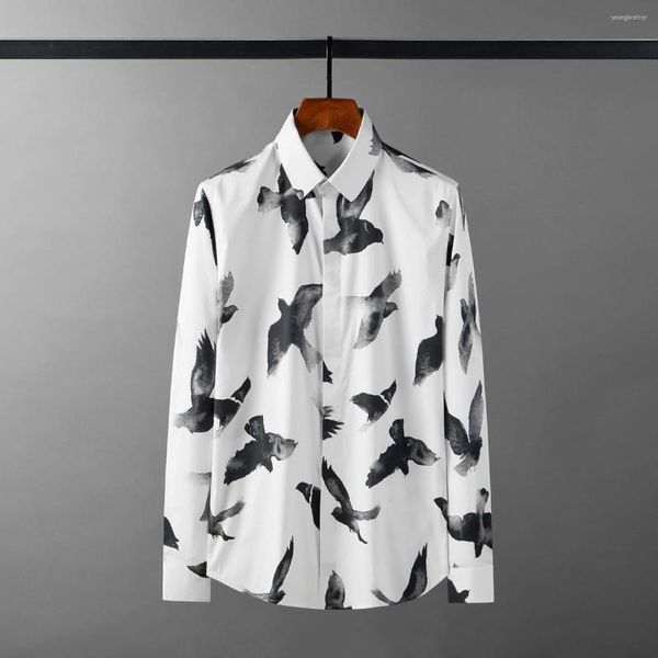 Мужские повседневные рубашки Minglu Bird Print Print Male Luxury Land -рукав для вечеринки мужское платье модная стройная уличная одежда 4xl