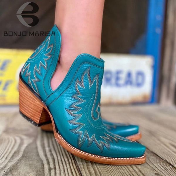 Stivali BONJOMARISA Stivali occidentali alla moda femminili con punta a punta per le donne Casual Tacco grosso Ricamo vintage Scarpe da cowboy Donna 230328