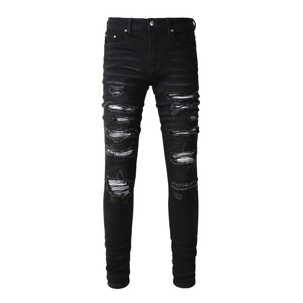 Pantaloni da uomo Nero Distressed Streetwear Style Tie Dye Bandana Ribs Patch Skinny Stretch Holes Slim Fit High Street Jeans strappati 230328