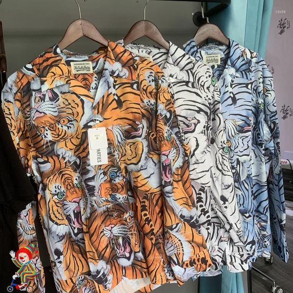Camisas casuais masculinas 2023 WACKO MARIA Camisa Hundred Tiger Totem Full Printed Real Life Vedio Masculino Feminino Manga Comprida
