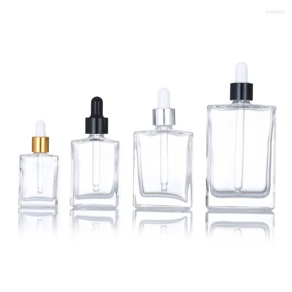 Bottiglie di stoccaggio Contagocce personalizzato all'ingrosso 30ml 50ml 100ml Bottiglia di vetro rettangolare trasparente trasparente per olio essenziale liquido E