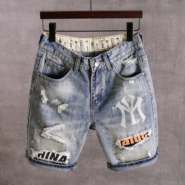 Männer Hosen Denim Shorts Mit Löchern Gewaschen Koreanischen Stil Gerade Viertel Patch Casual Jeans 230328