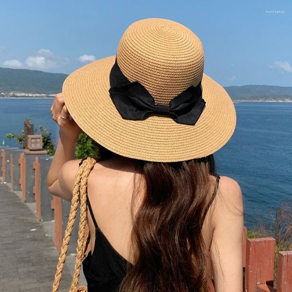 Chapéus largos Brim Bow Beach Caps Hat Straw Ladies Sun Cap Men's Panamá Summer Feminino 2023 Capswide Women Widewide