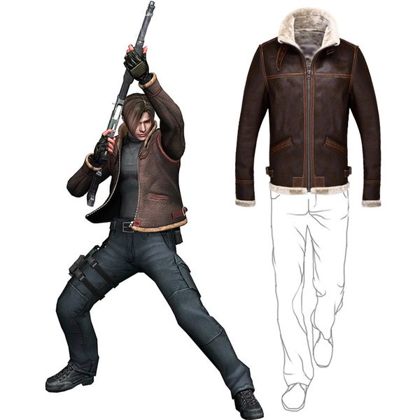 Biohazard de couro masculino BioHazard 4 Leon S Kennedy Evil Costume Coat Jacket Cosplay Pu Faur Longsleeve Winter Outerwear Men Boy 230328