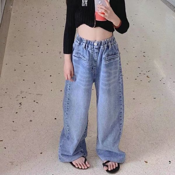 16100 primavera no verão infantil jeans jeans calças de perna larga de pernas garotas calças calças de jeans