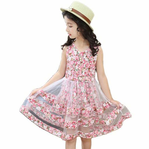 Mädchenkleider Mädchen Sommerkleid Blumenmuster Mädchen Kleider ärmellose Kinder Kleid Casual Style Kinderkleidung 6 8 10 12 14 P230327