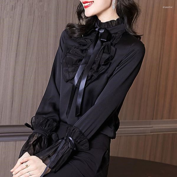 Blusas femininas moda 2023 plus size tamreiro preto chiffon camisa retalhos de retalhos