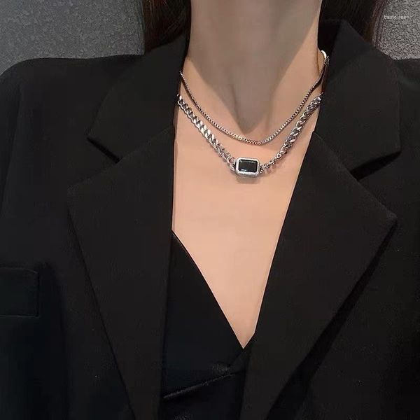 Ketten Mode Multi Layer Geometrie Quadrat Schwarz Glas Anhänger Halskette Choker Für Frauen Grunge Indie Kragen Ästhetischen Egirl Schmuck