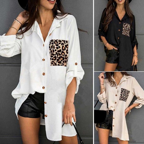 Camicette da donna Camicie Colletto rovesciato Manica arrotolata monopetto Camicia da donna di media lunghezza Camicia da donna con stampa leopardata Tasca Casual Cardigan allentato Fe Y2303