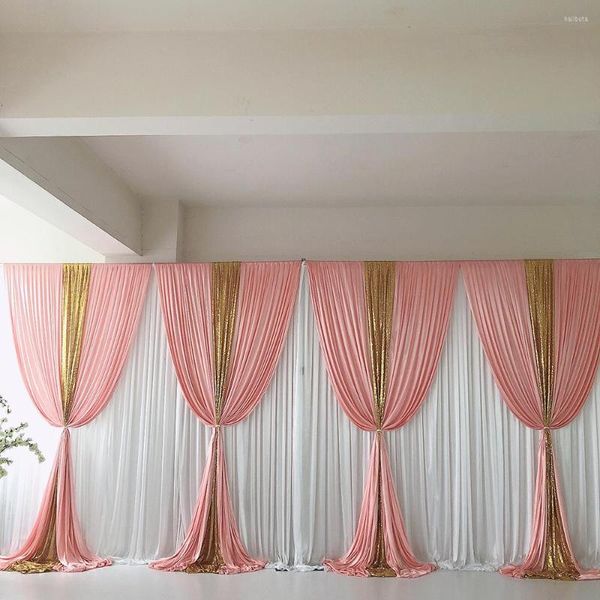 Decorazione per feste Tenda bianca Fard Rosa Ghiaccio Seta Oro Paillettes Drappo Sfondo Matrimonio Compleanno