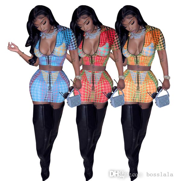 Damen 3D-Digitaldruck-Kleid-Set, kurzärmelig, kurzer Rock, Reißverschluss, zweiteilige modische Outfits für den Sommer 2023