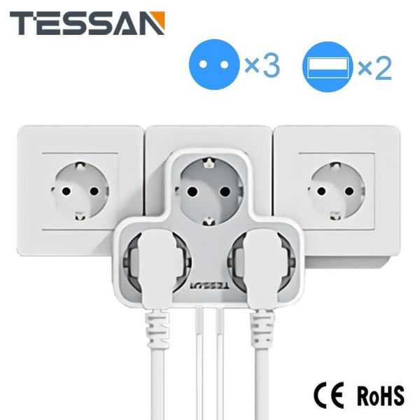 Prese TESSAN Adattatore multipresa portatile con 3 prese 2 porte di ricarica USB Spina europea Presa a muro Protezione da sovraccarico Z0327