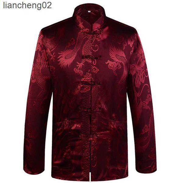 Camicie casual da uomo Colletto alla coreana in raso da uomo tradizionale cinese Dragon Silk Tang Suit Abbigliamento Kung Fu Jacket Coat W0328