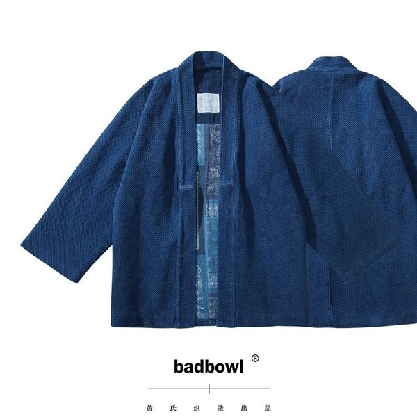 Herrenjacken Badbowl Japanischer Retro-Indigo-Pflanzen-Kimono Blaue Färberobe Schwerer Kendo-Stoff Halbarmjacke Männer Lässige Strickjacke COA