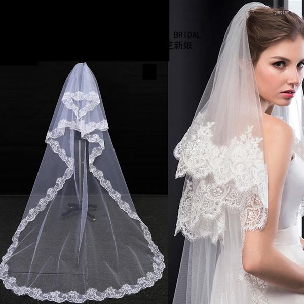 Copricapo romantico 1,5 metri elegante cattedrale lungo uno strato bordo in pizzo bianco velo da sposa mantiglia da sposa