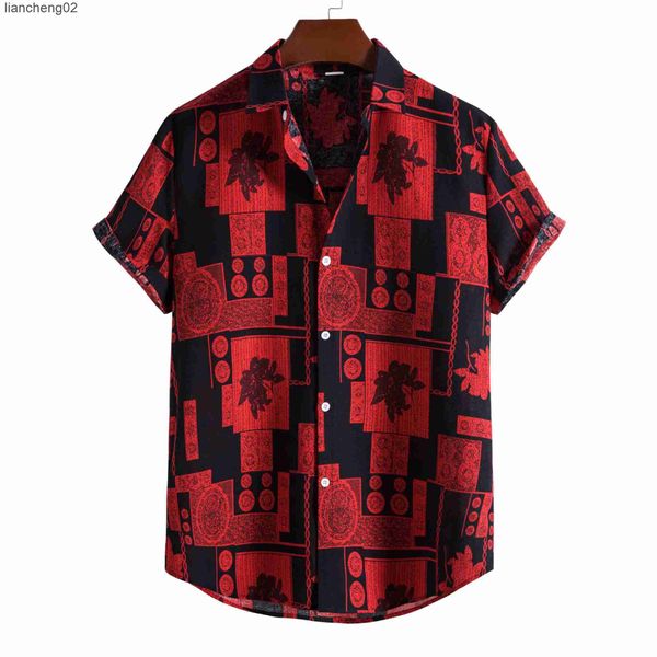 Camicie casual da uomo Camicia da uomo hawaiana con bottoni casual stampa floreale rossa vintage da uomo Camicie da spiaggia in lino di cotone a maniche corte slim fit Chemise Homme W0328