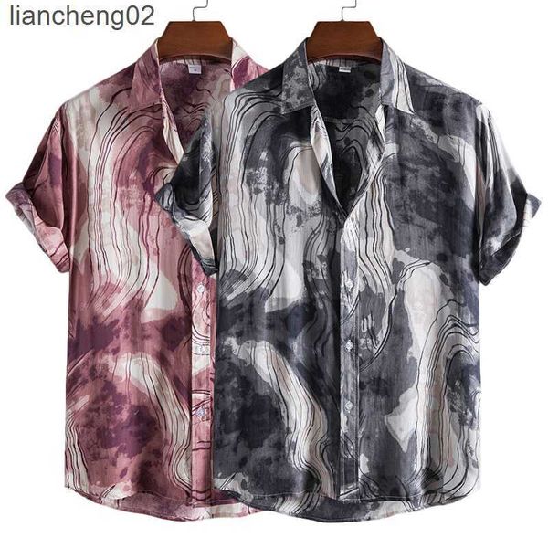 Camisas casuais masculinas de algodão de algodão de algodão curto camisa de manga curta Padrão de tinta geométrica Hawaiian Beach Male Blouse Casual Blouse para homens W0328