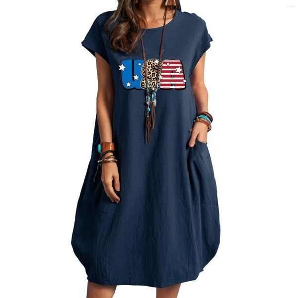 Lässige Kleider mit Blumenmuster für Damen, ärmellos, mit amerikanischer Flagge und Buchstaben, bedruckt, lockeres Kurzarmkleid für den Sommer