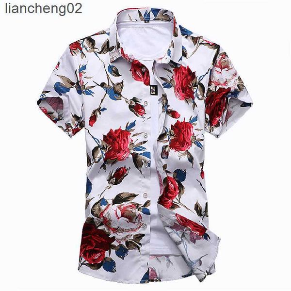 Camicie casual da uomo Camicie da uomo sottili bianche stampate a fiori bianche e nere Camicia a maniche corte casual floreale Hawaii Beach Fashion Holiday Risvolto 5XL 6XL 7XL W0328