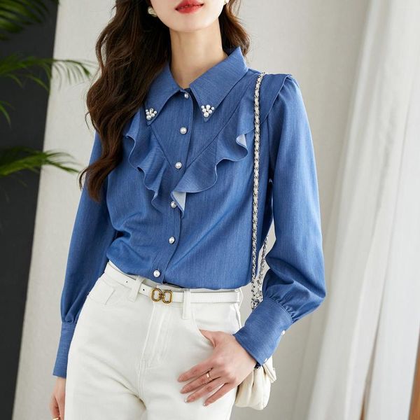Kadın bluzları mavi fırfırlar uzun kollu denim gömlek kadınlar 2023 bahar kabarcık jean üstleri boncuk yaka bluz kadın