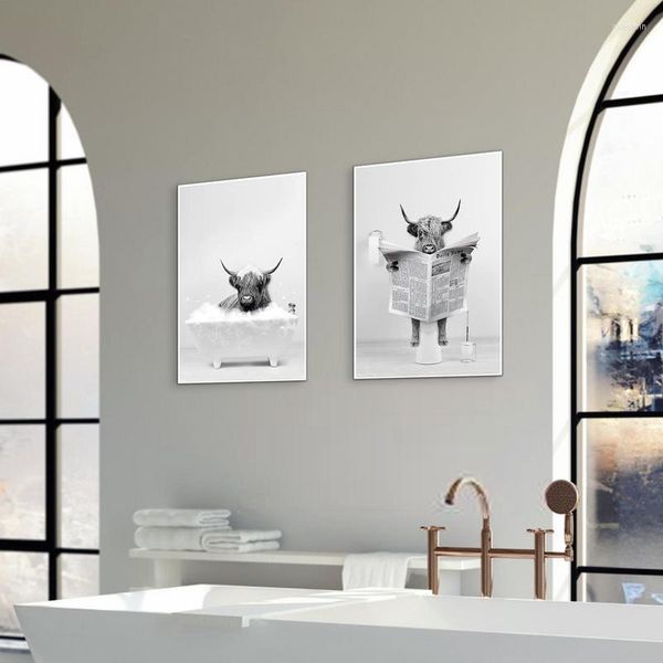 Set di accessori per il bagno Highland Cow Painting Decor Wall Hanging Canvas Picture Ornamento per il bagno Immagini per la casa Dipinti di animali divertenti per pareti