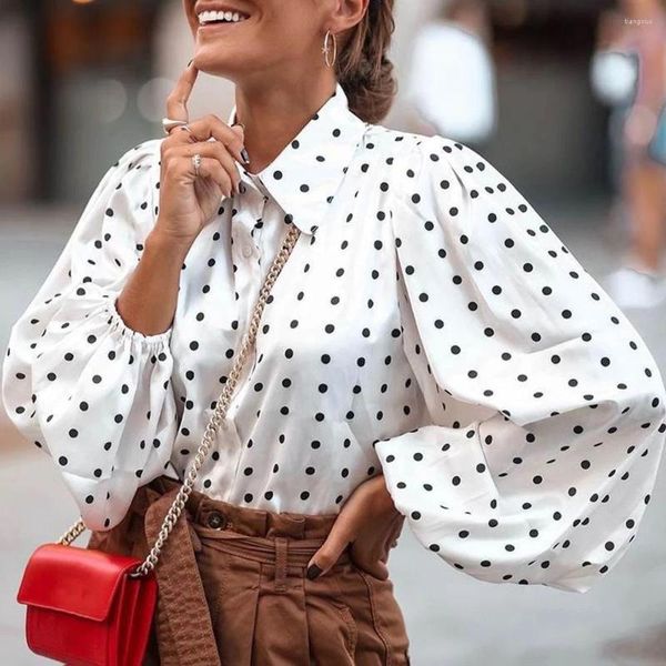 Kadın bluzları Polka Dots Ofis Kadın Gömlek Moda Latern Sleeves Yok Düğmesi Up Resmi Çalışma Şifon Bluz 90s Ol gevşek kariyer gömlekleri