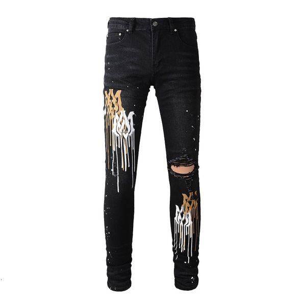 Calça masculina Black High Street Street angustiado Slim Painted Printing Letters