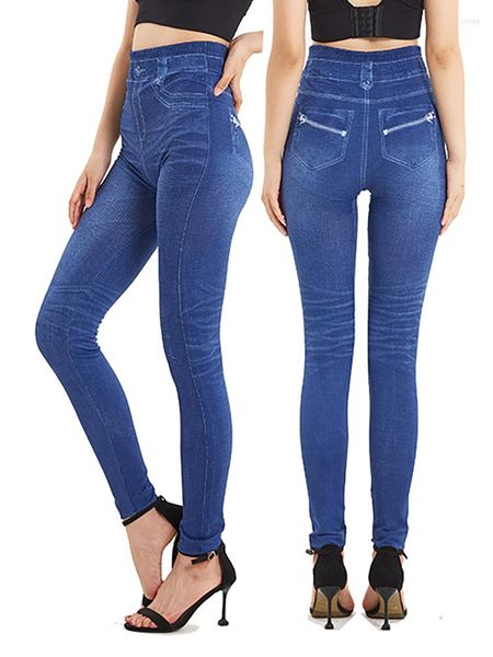 Leggings femininas Cuhakci zíper elástico imprimir jeans falsos calças mulheres calças de jeans de cintura alta casual