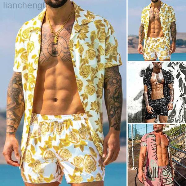 Мужские спортивные костюмы Мужские тонкие дышащие гавайские наряды тропического пляжа наборы желтые цветочные отпечатки праздничные с коротким рукавом две части w0328