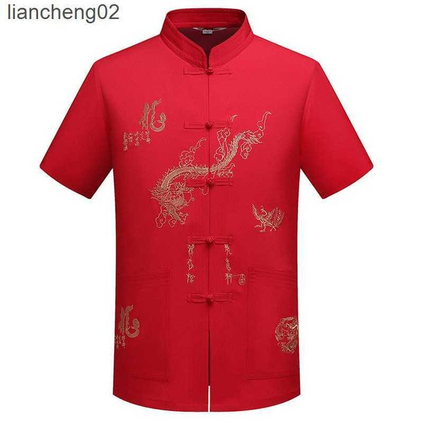 Camisas casuais masculinas chinesas tradicionais roupas de tang top ton mandarin colar kung fu asa chun tampo tampo de manga curta bordado dragão camisa m-xxxl w0328