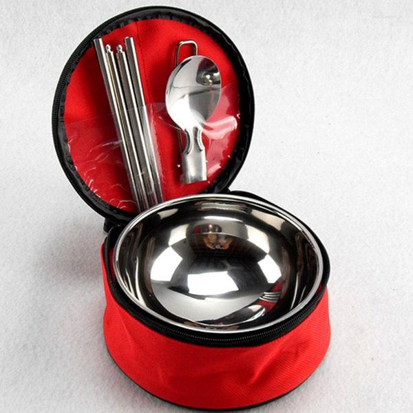 Set di stoviglie Set di stoviglie turistiche da picnic Set da campeggio in acciaio inox Ciotola Bacchette Cucchiaio Borsa da viaggio Accessori da viaggio all'aperto