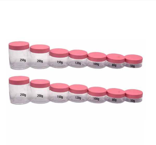 PET Klare Cremeflasche Rosa Kunststoffabdeckung Leere Augencremedosen Kosmetikverpackungsbehälter Tragbare Hautpflege Nachfüllbare Töpfe 50G 80G 100G 120G 150G 200G 250G