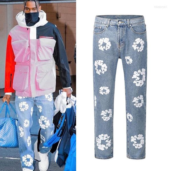 Jeans da uomo Harajuku Pantaloni a stampa intera con fiori a blocchi di colore Streetwear oversize Pantaloni in denim da uomo e da donna casual dritti retrò