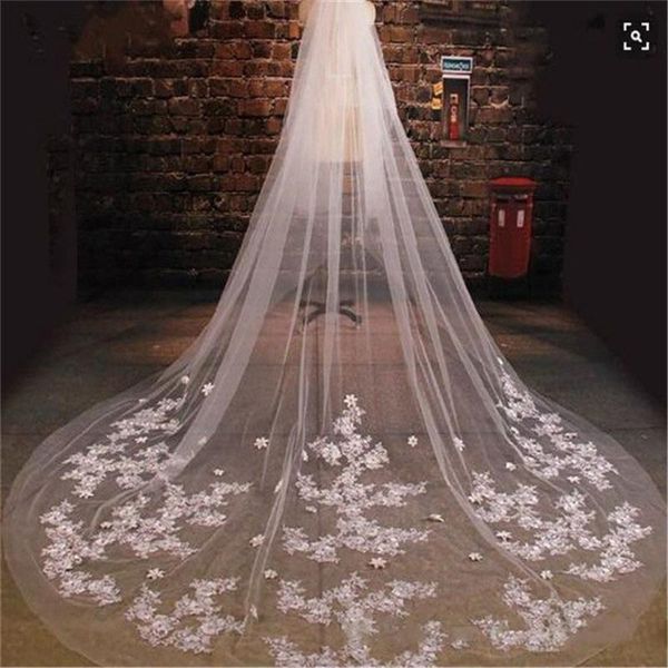 Véus de noiva incrível véu de casamento longo com flores 3D Cathedral Apliques Headpieces da cabeça Bride 3,5m 4m 5m Acessório