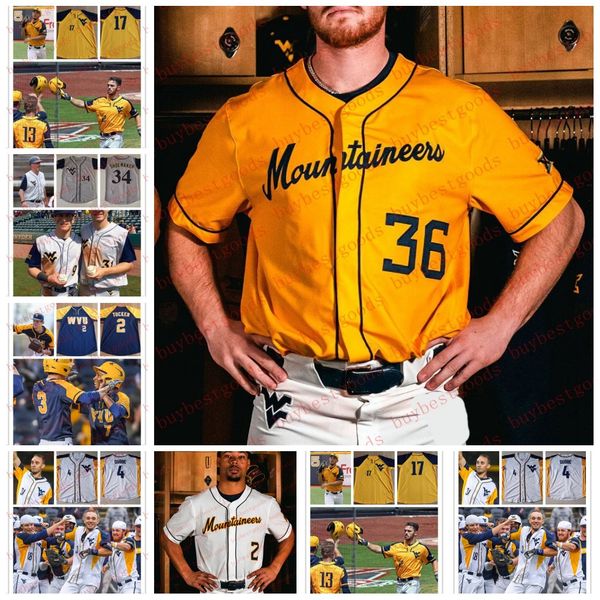 Maglia da baseball NCAA West Virginia cucita su misura 45 Michael Kilker 42 Tommy Beam 43 Daniel Ouderkirk 30 Beau Lowery 1 Maglia WVU Kevin Dowdell