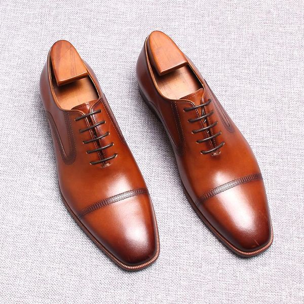 Vestido tênis pretos homens marrom -marrom genuíno calfskin capuz de pé oxfords amarrar o negócio de casamento em estilo italiano formal para