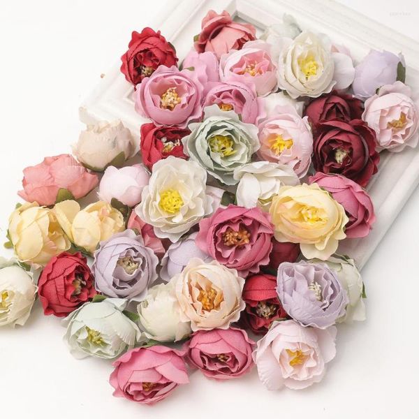 Fiori decorativi 10/30Pcs 4cm Bocciolo di rosa Teste artificiali Decorazione di nozze Decorazioni per la casa Ghirlanda Scrapbooking Craft Accessori falsi